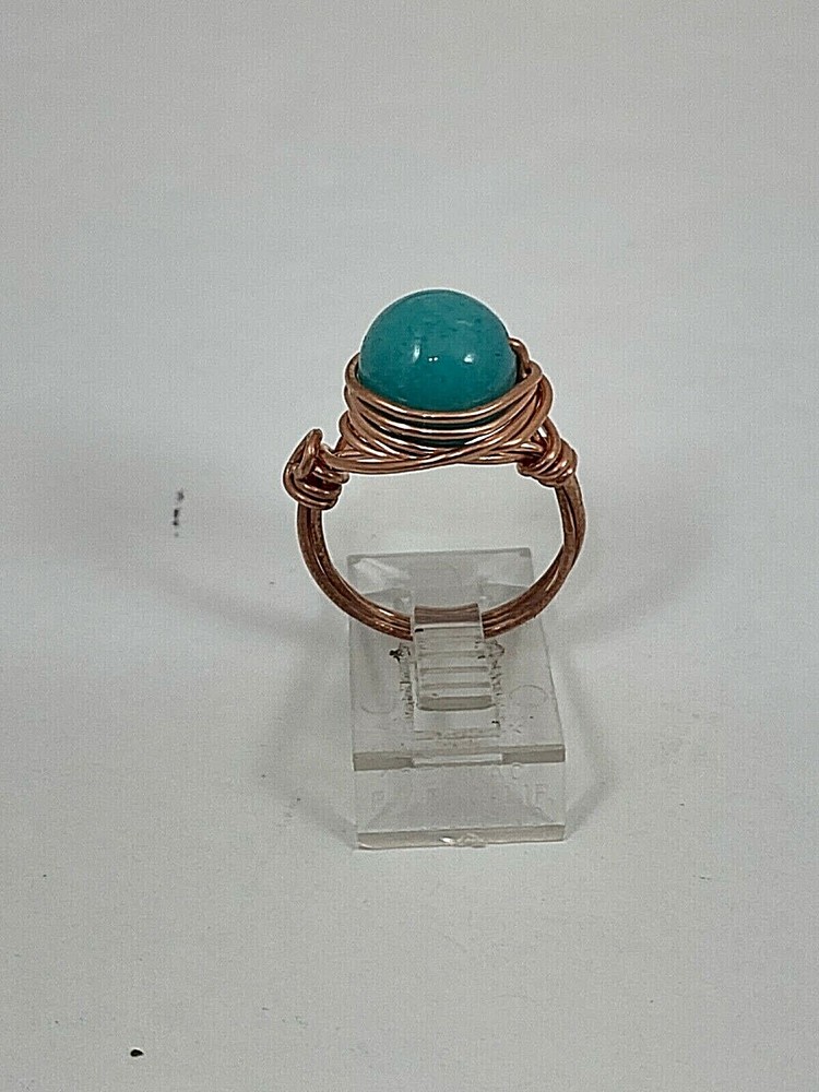 Handmade ~ Copper Wire Wrap ~ Turquoise Glass Ring Size 5 #79