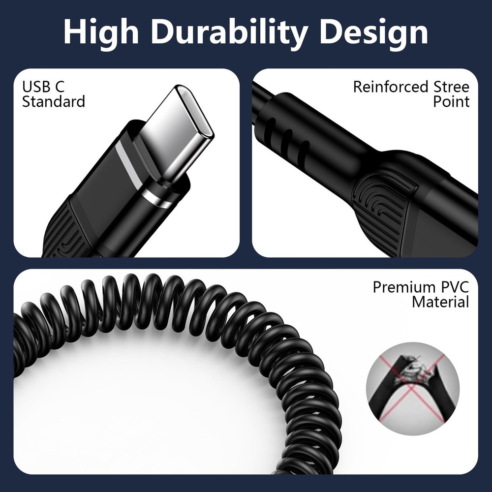 3FT iPhone Coiled Car Charger Cable, [Black] USB-C Cable 3 ft, Black