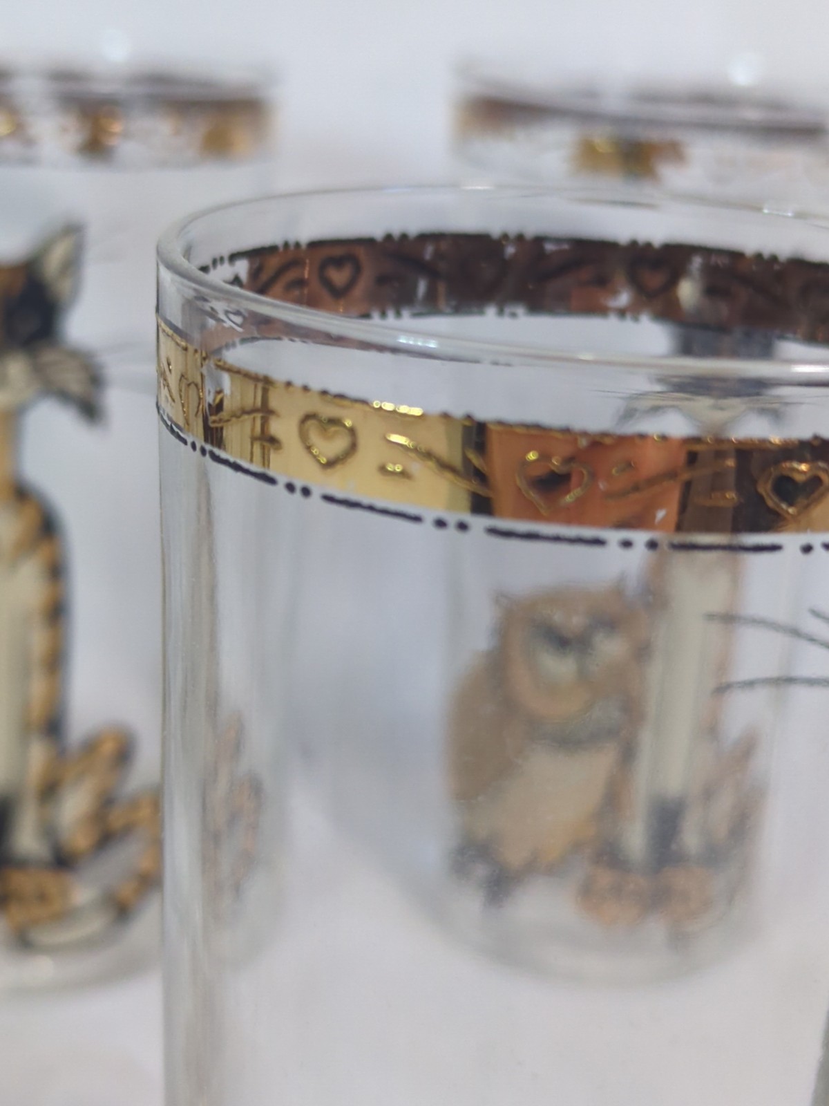 Vintage Culver 22K MCM Mid-Century Modern cat and Owl High ball glass set of 8