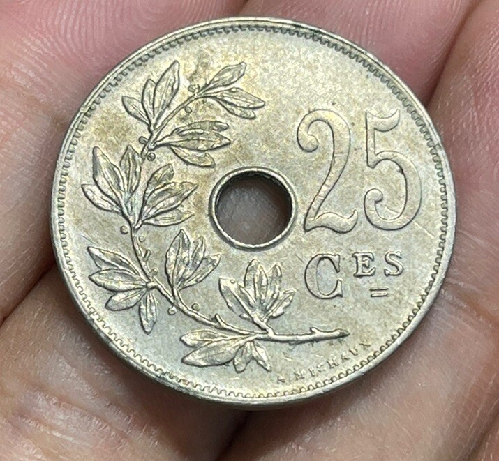 1908 Belgium 25 Cents Coin Excellent Condition