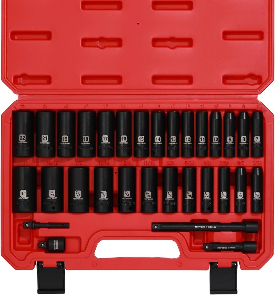 3/8" Drive Deep Impact Socket Set, 6 Point, 31 Piece SAE and Metric Socket Se...