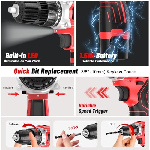 Cordless Power Drill Set: 12V Electric Drill 12V - 1 Battery - Red - Basic