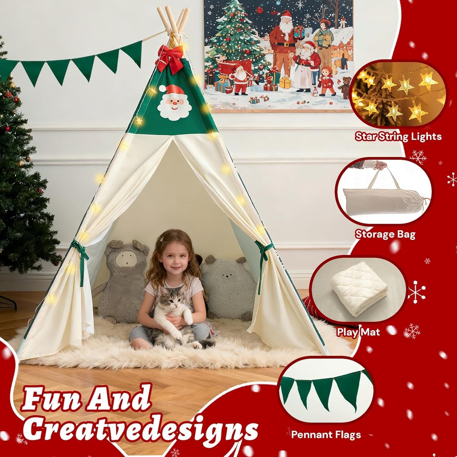 Versatile Kids Teepee Tent with Padded Mat & Star Lights - Perfect Holiday Gift