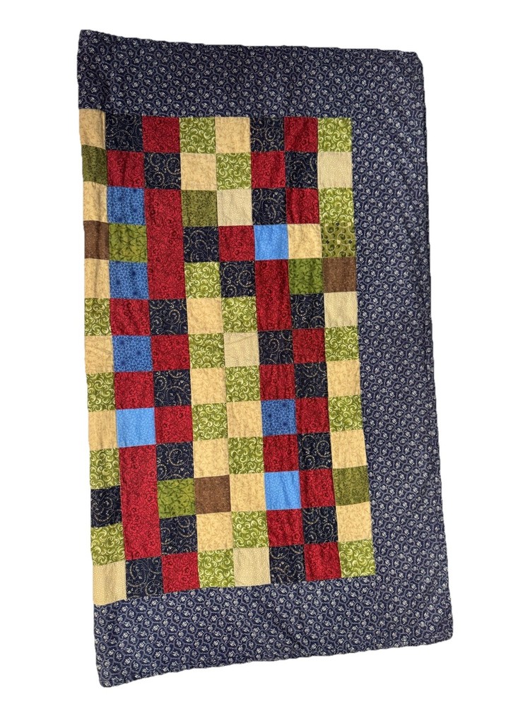 Handmade Pieced Multi Colored Blue Green Red Quilt Machine Quilted 40x35