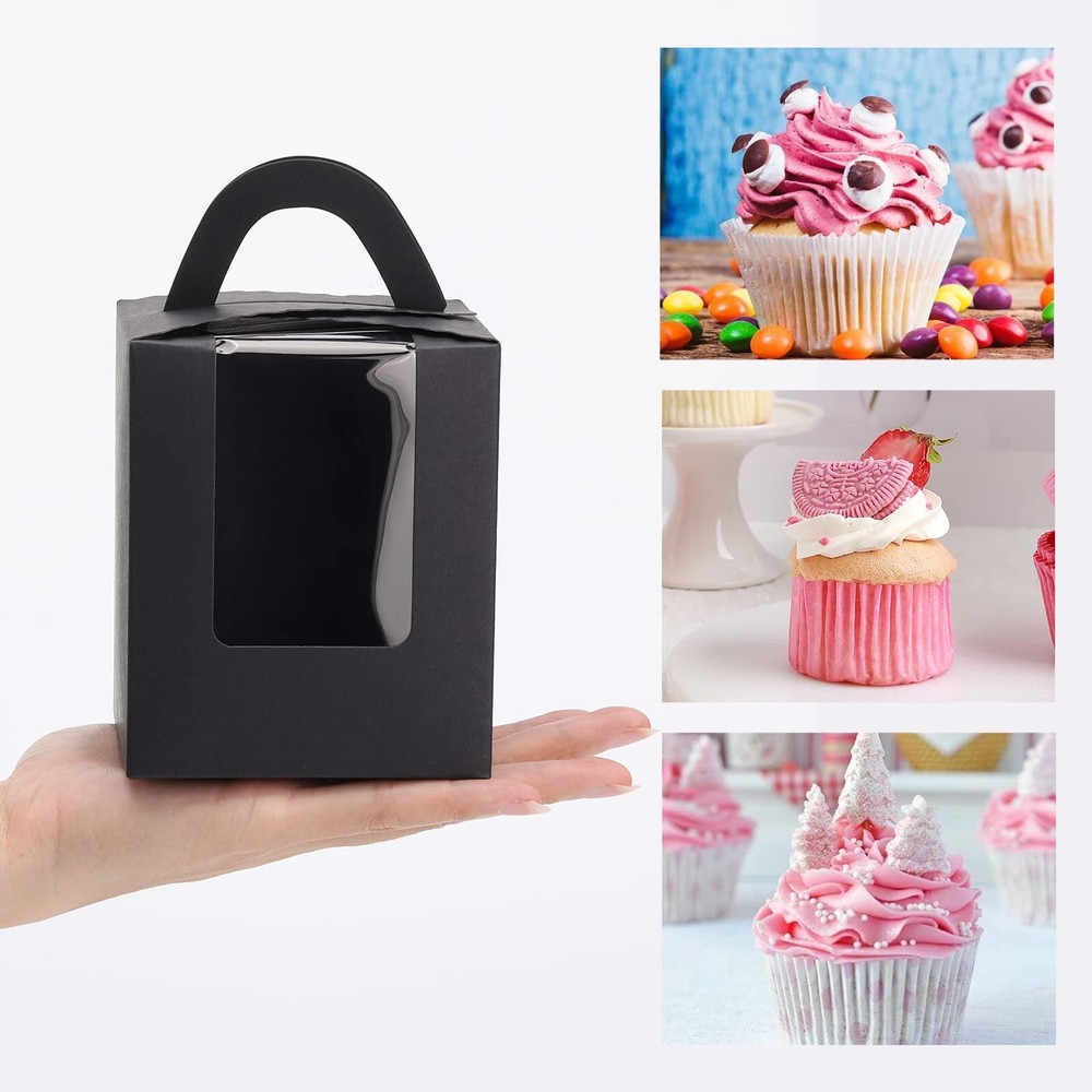 100Pcs Cupcake Boxes with Window Handle 3.6"x3.6"x4.3" Black