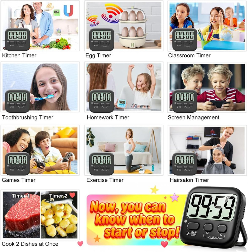 2 Pack Digital Kitchen Timer Magnetic Countdown Cooking Classroom Study Oven