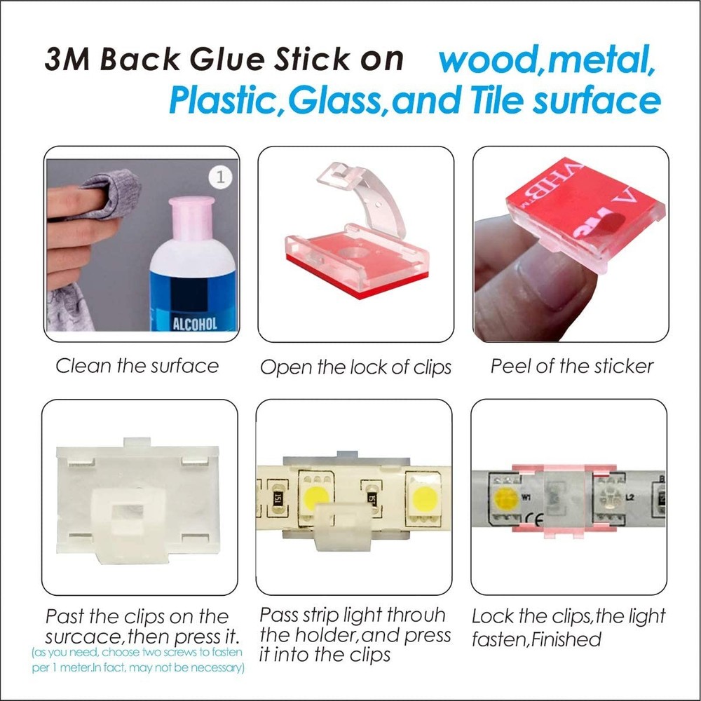 LED Strip Light Mounting Brackets Clips - 100 Pack Clear Cable Organizers