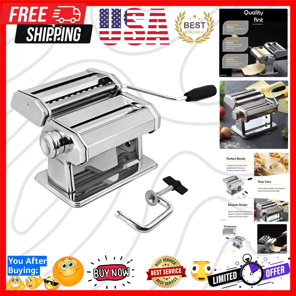 Pasta Maker Machine Stainless Steel Manual | With Adjustable Thickness Settin...