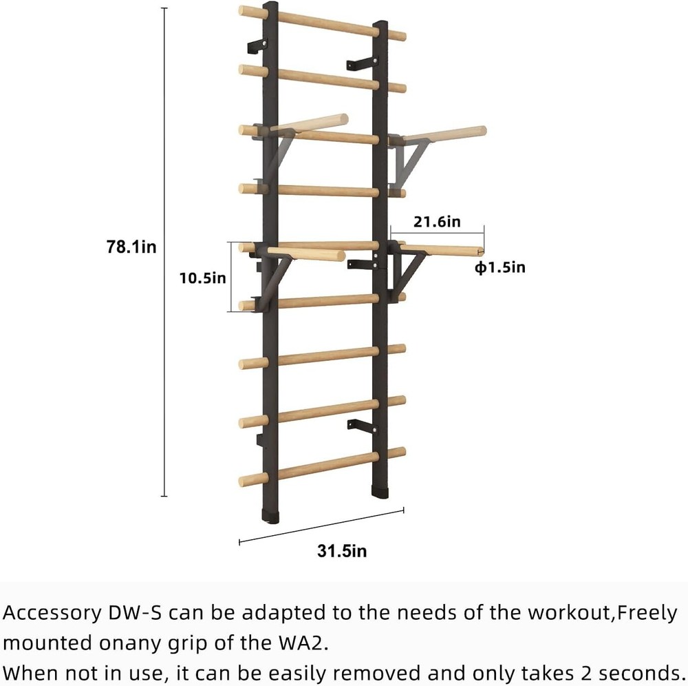 DHT DW-S Adjustable Parallel Dip/Pull-up Bar Assembly for WA2 Stall Bar Home Gym