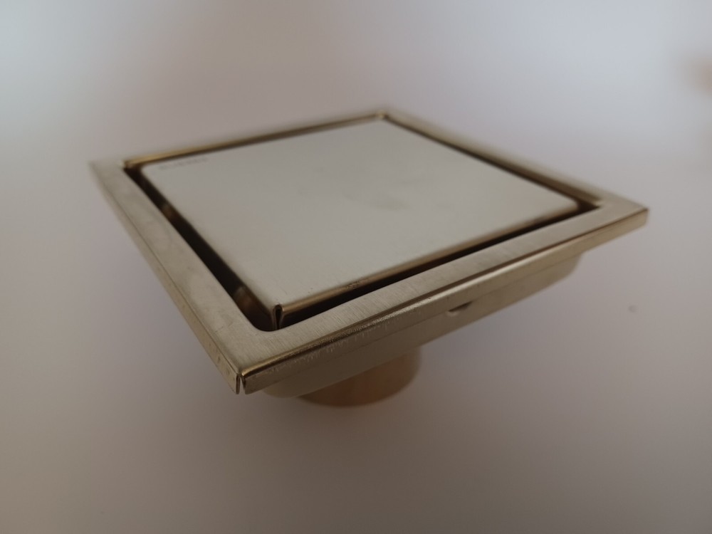 4" Square Brushed Gold Copper Floor Drain Grate W/ Removable Tile Insert