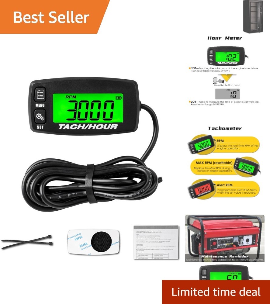 Compact Self-Powered Tachometer Hour Meter with Backlight – Lawn & Garden Use