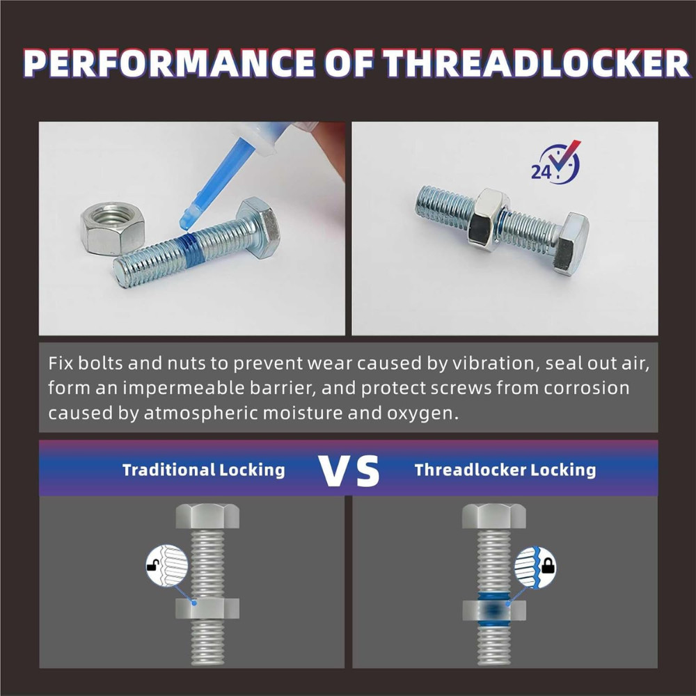 Red Purple and Blue Lock Tight Threadlocker 10ml-3Pack, Low, Medium and High Str