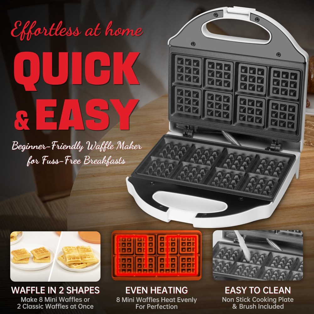 Square Waffle Maker 2x4 inch Mini Classic Machine, Dual Plate Non-stick White