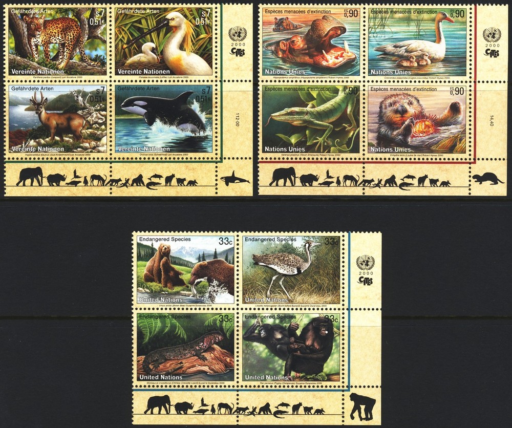 UN 2000 Endangered Species Blocks [NY+Geneva+Vienna] . Mint Never Hinged
