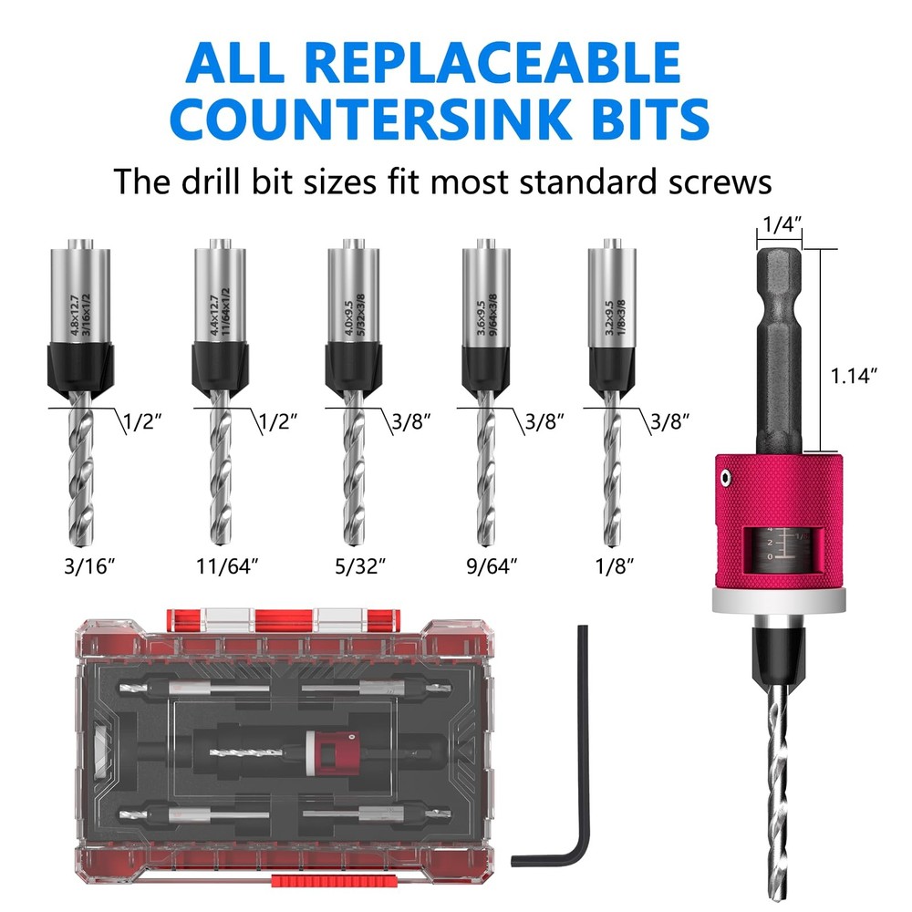 5-Piece Countersink Drill Bit Set with Adjustable Depth Stop, 1/4" Hex Shank ...