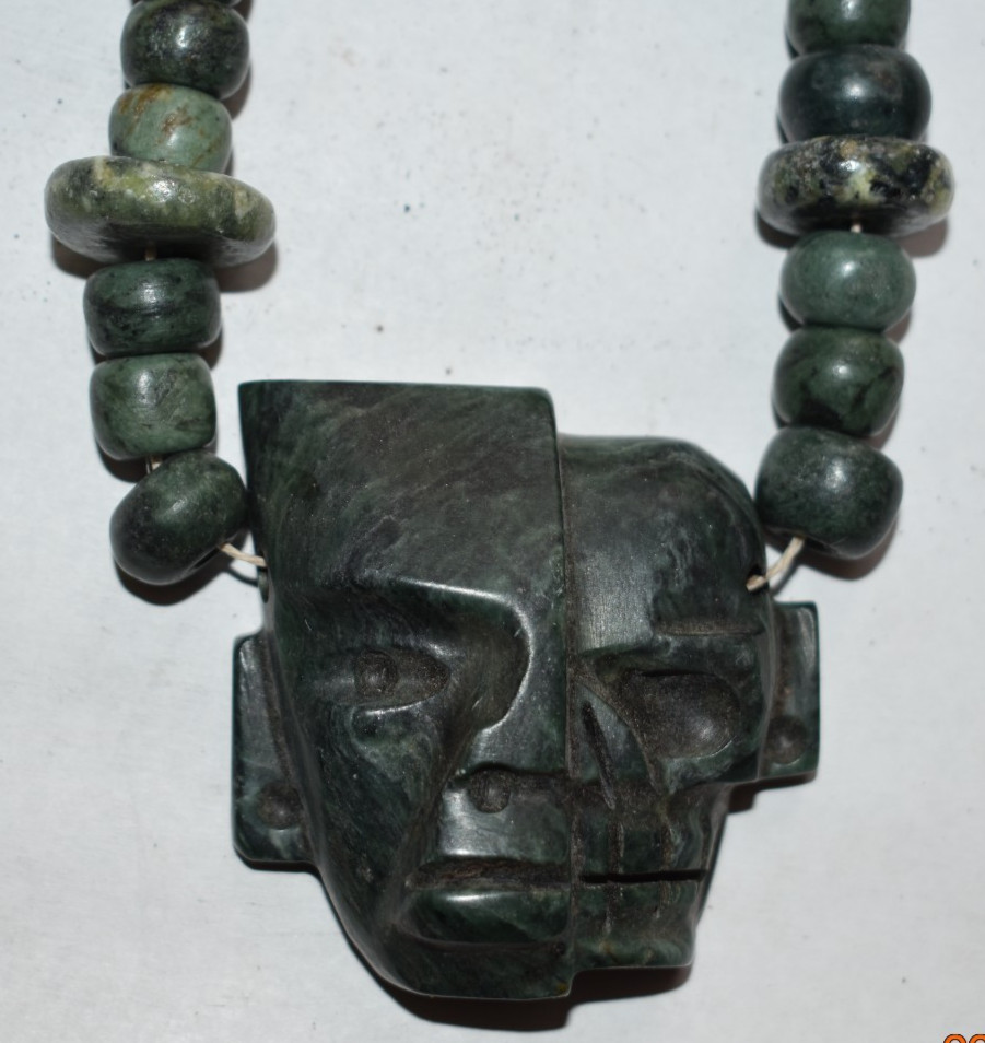 LARGE MAYAN RITUAL JADE LIFE/DEATH DUALITY NECKLACE, restrung 9"