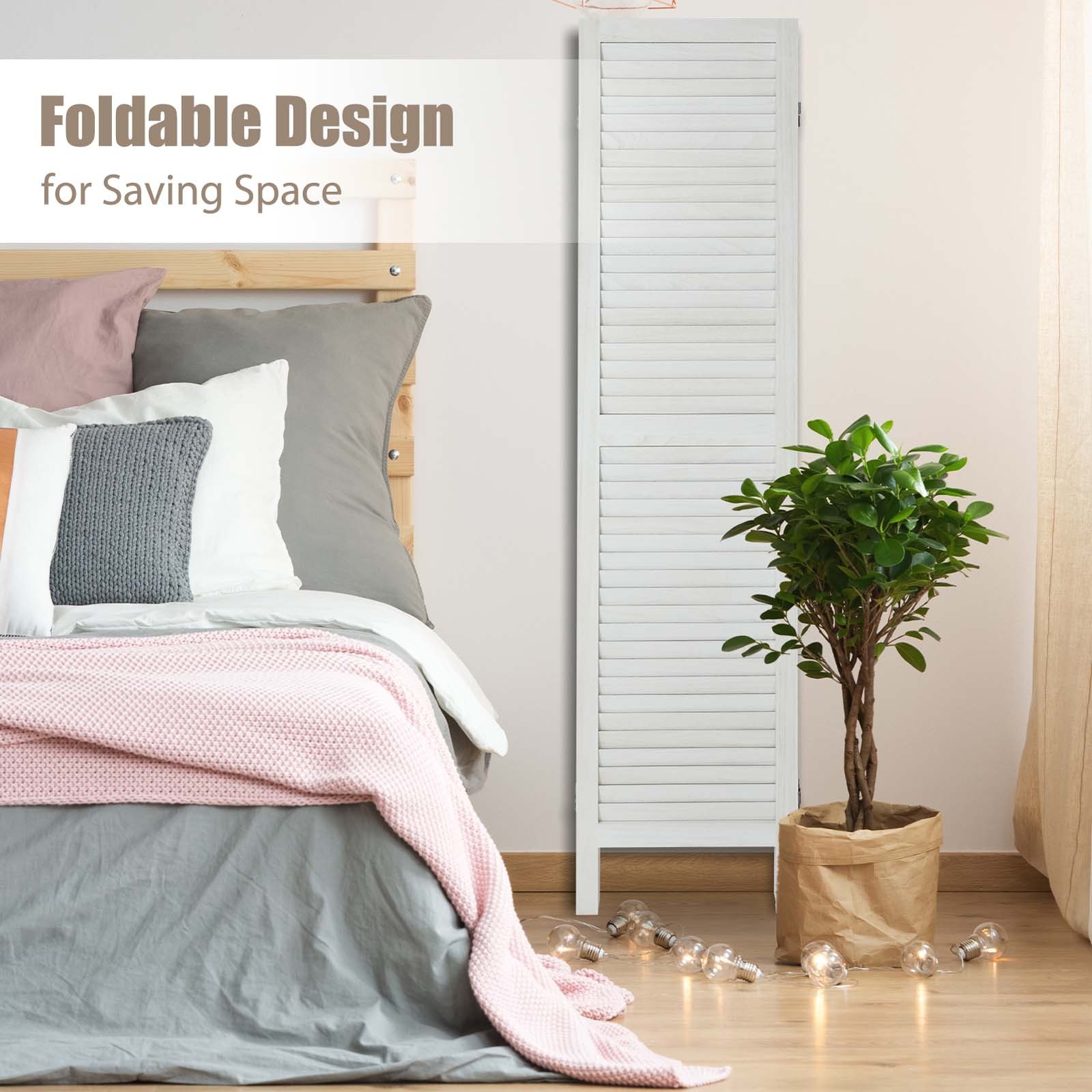 8 Panel Wood Room Divider Folding Privacy Screen Louvered Partition Wall White