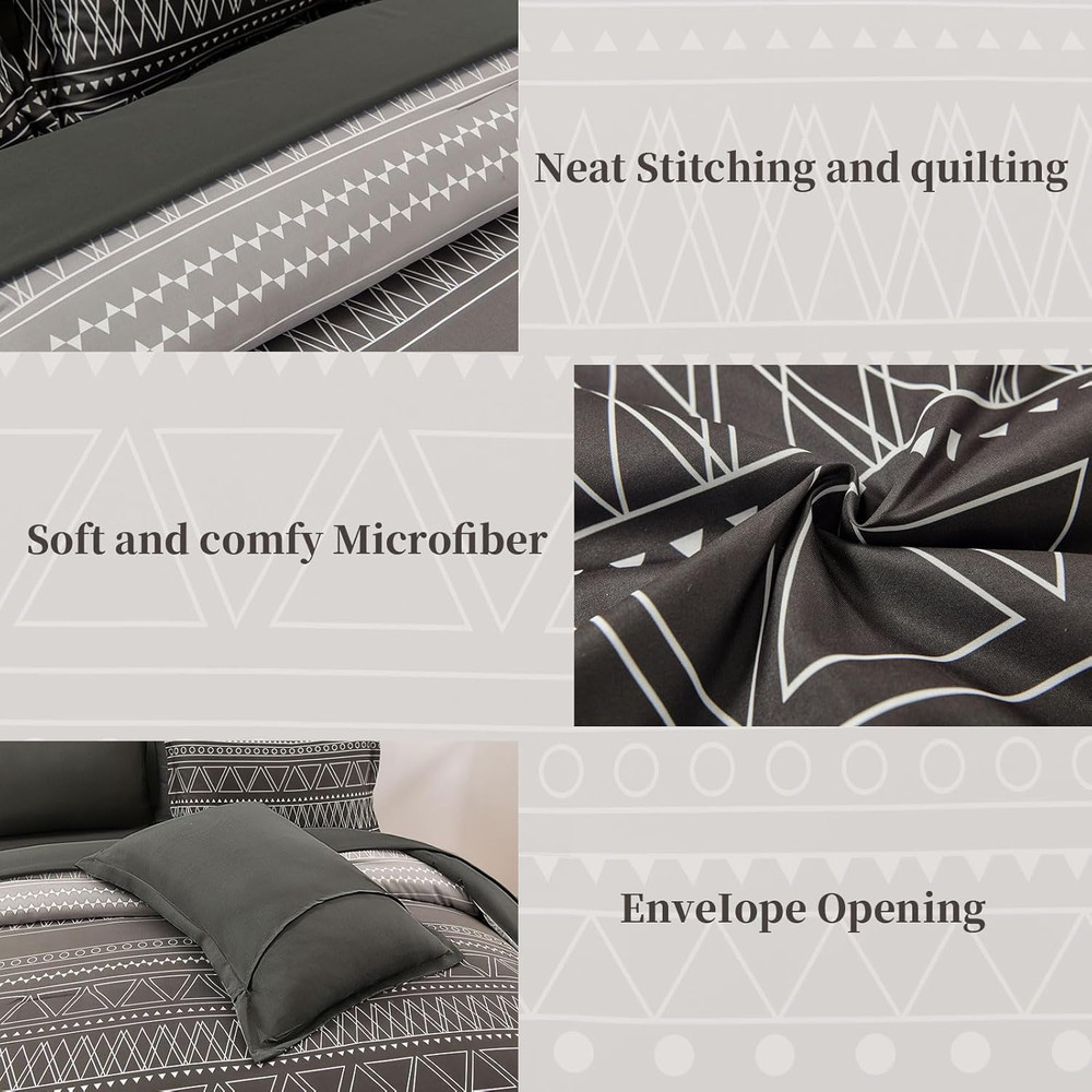 Boho Black Grey Comforter Set Queen Size 7 Piece Stripe Gradient Bed in a Bag Be