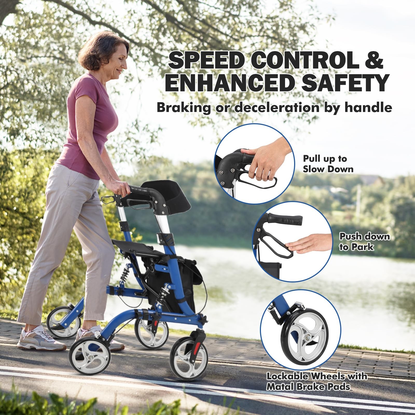 Foldable All Terrain Rollator Walker with Seat and 12" Rubber Wheels for Seniors