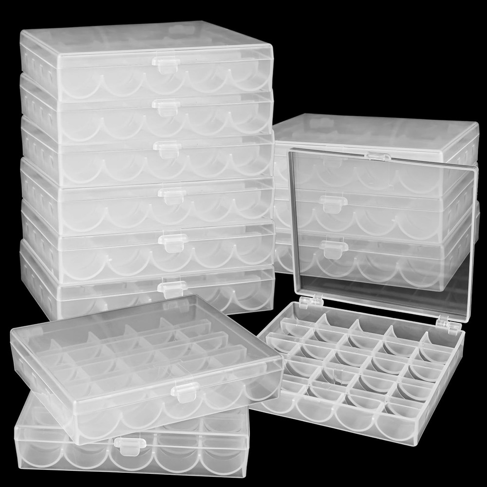 12 PCS Plastic Empty Bobbin Storage Case 25 Slots Holder Transparent