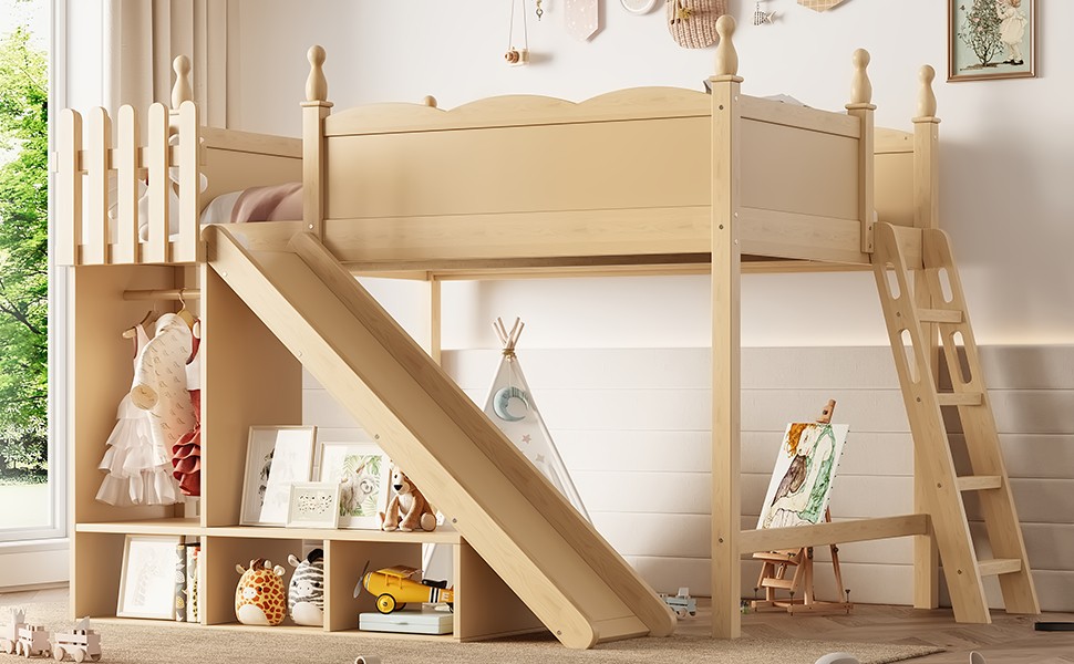 Full Solid Wood Loft Bed Frame with Storage Shelves Wardrobe & Detachable Slide