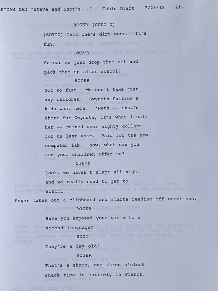 American Dad 2010 Used Table Draft Script Steve & Snot Test-Tubular Adventure