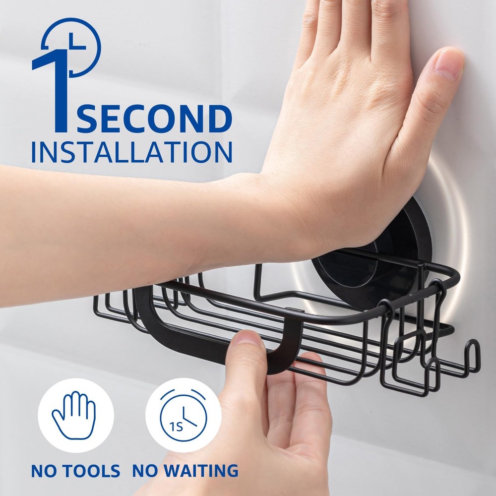 Multi-Functional Soap Dish, Suction Cup Metal Tray with 4 Hooks for Bathroom