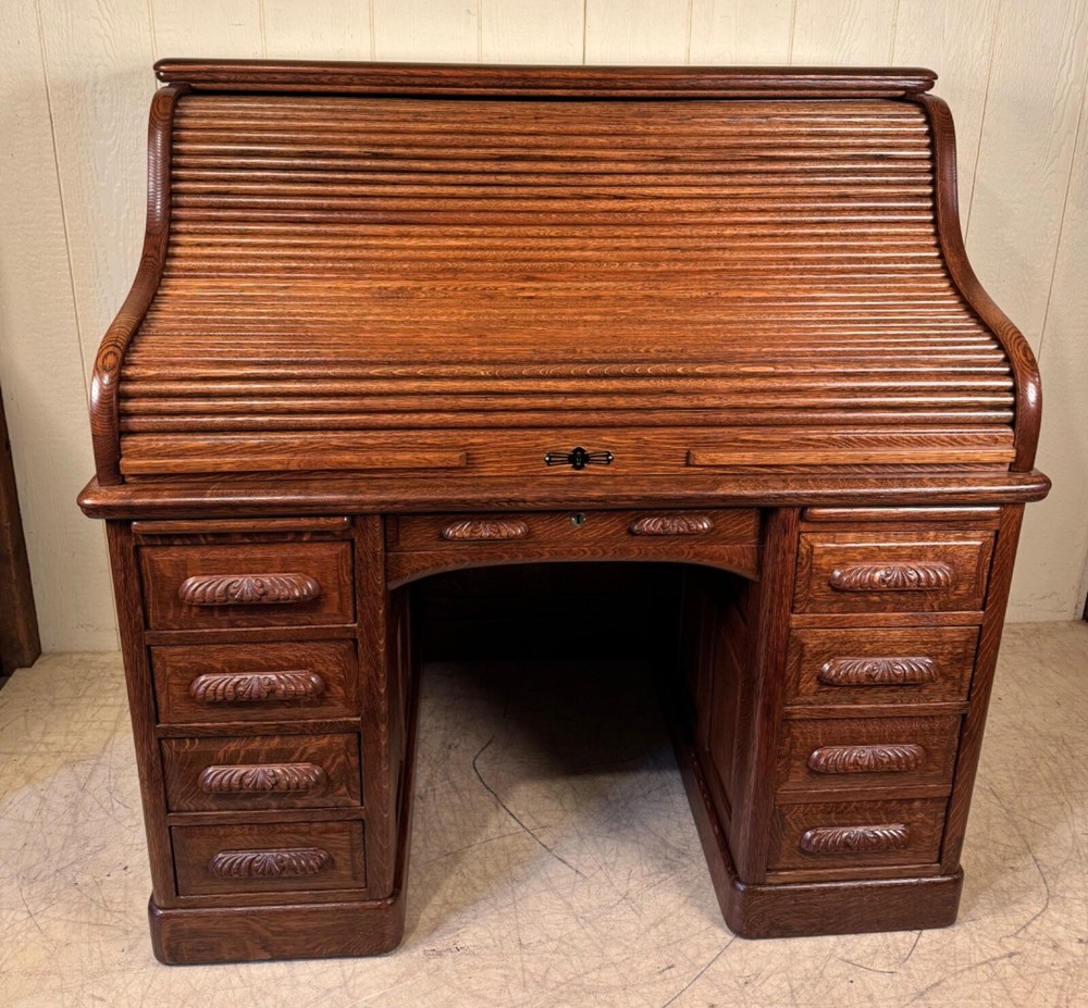 Antique Oak 50" Raised Panel S-Roll Top Desk with Carved Pulls