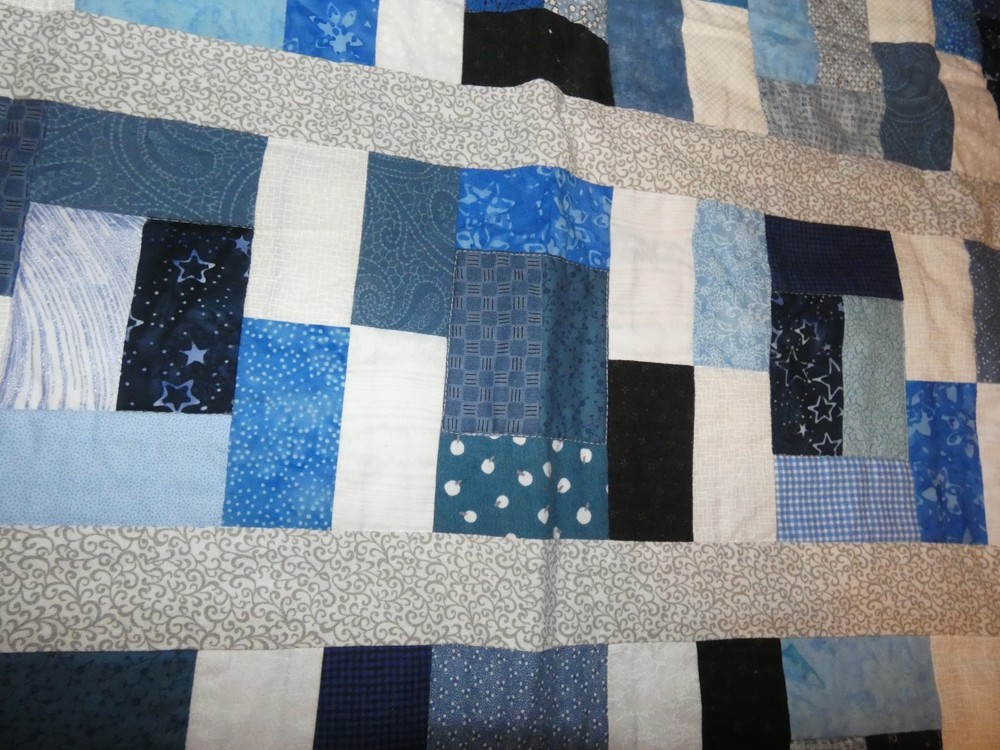 Blue Rectangles Handmade Quilt Pieced Child Prints 33 x 39"