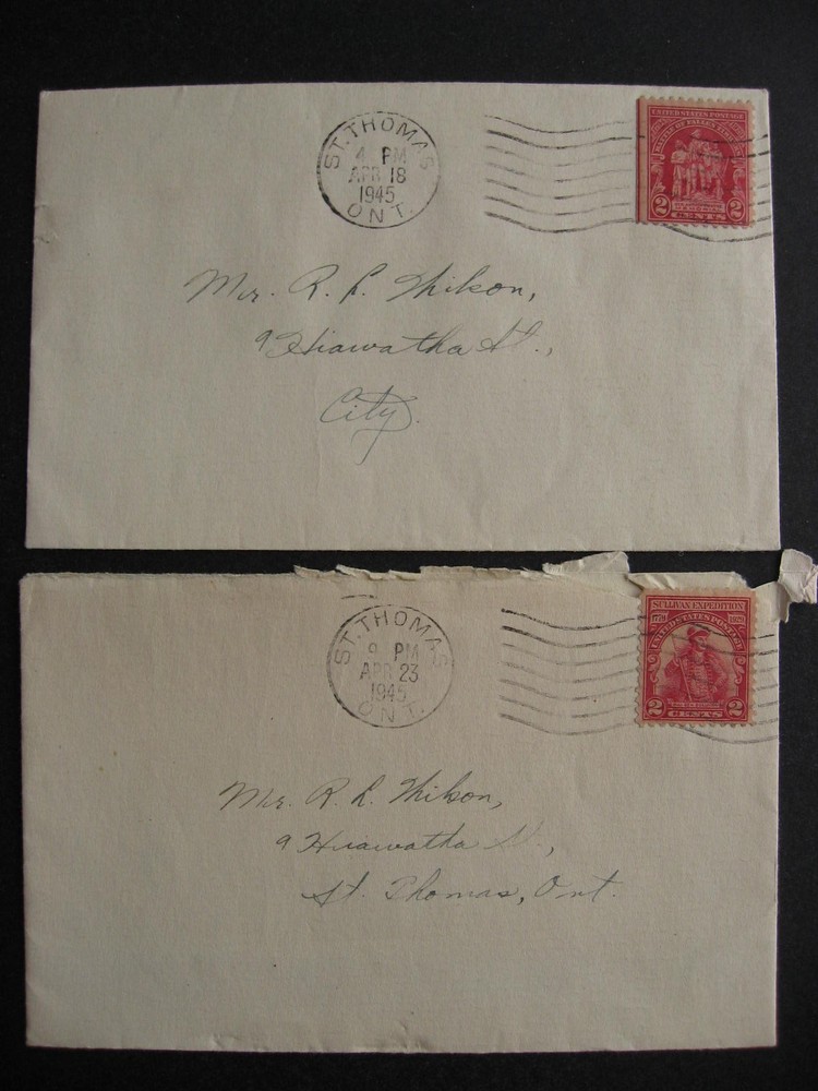 Canada 2 1945 covers mailed using US stamps for postage!
