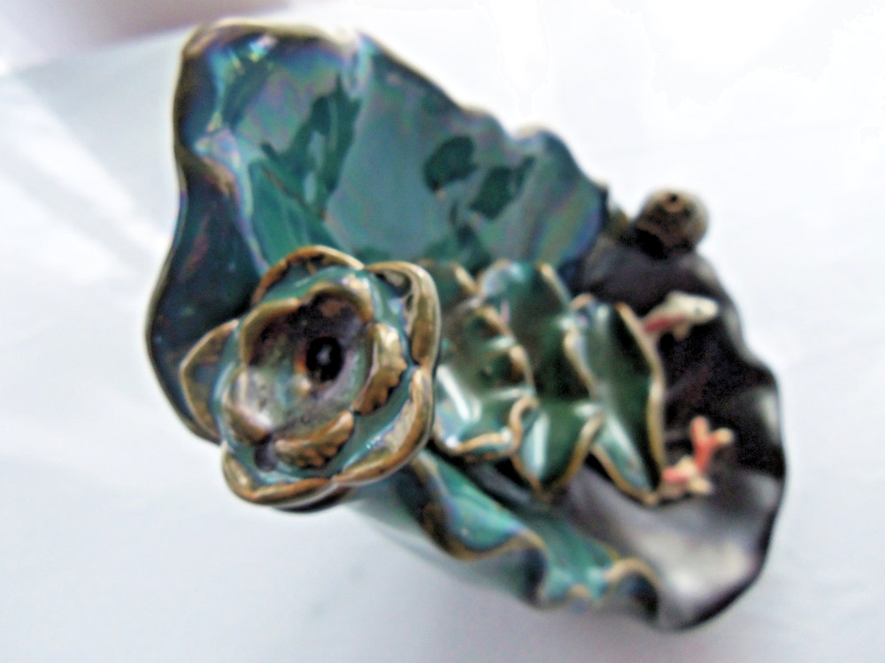 Ceramic Iridescent Green Waterfall Incense Burner W/ Koi Fish