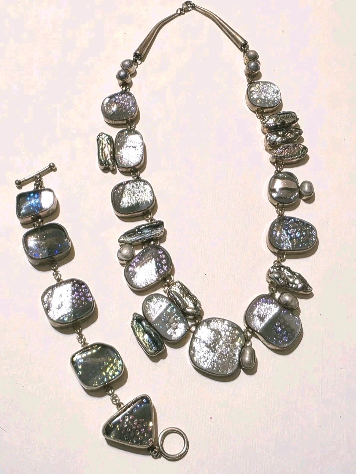 Signed Sterling Silver Dichroic Art Glass Necklace Bracelet Set Large Statement