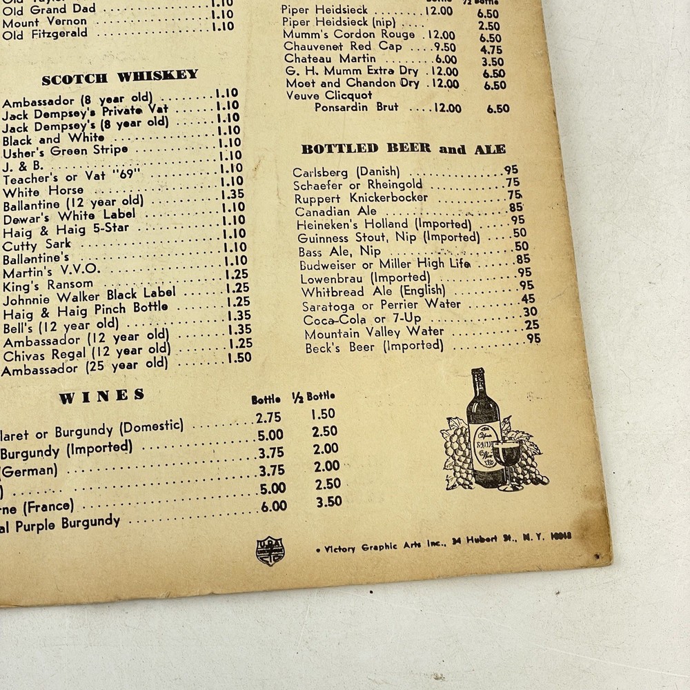 Jack Dempsey’s Restaurant Menu March 7 1971