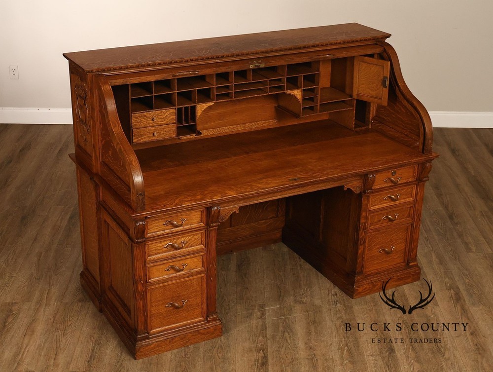 Oak Roll Top Desk With Carved 'Reading Hardware Co." Crest Panel