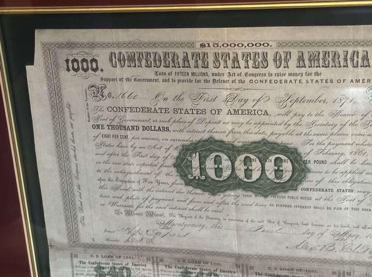 Framed CSA Confederate States of America $1000 Civil War Loan Bonds, 1861