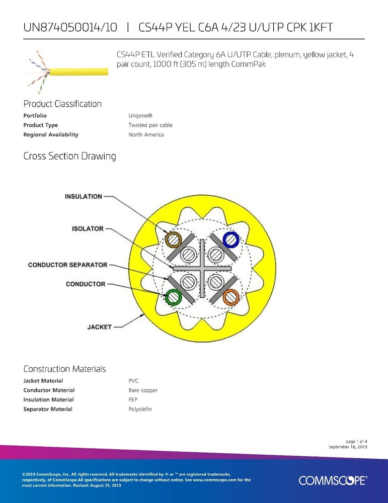 Commscope CS44P Cat6A U/UTP Network Ethernet 10G 10Gig Cable Plenum Yellow /50ft