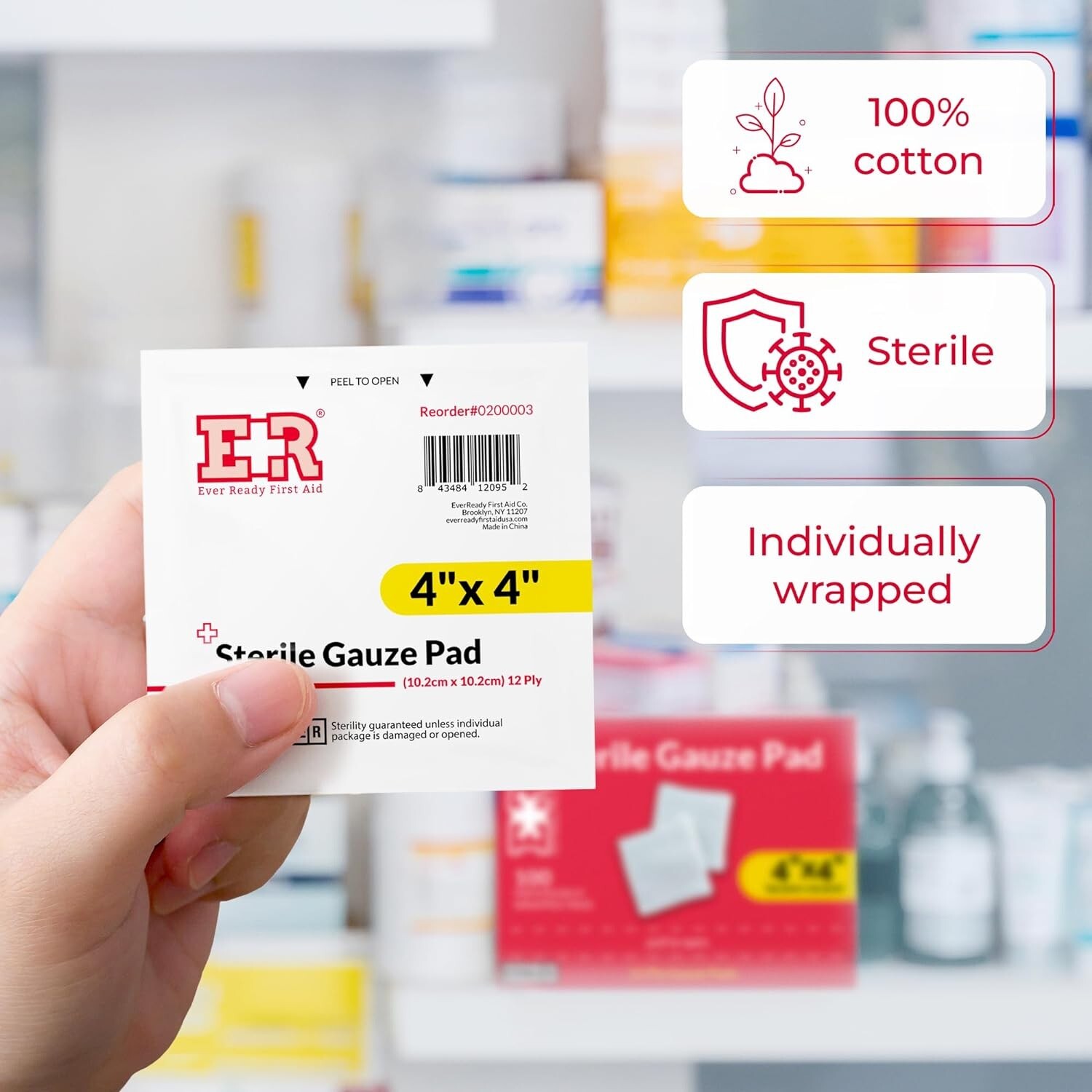 Ever Ready First Aid Sterile Gauze Pads 4"x4" Single Wound Care Bandage - 100CT