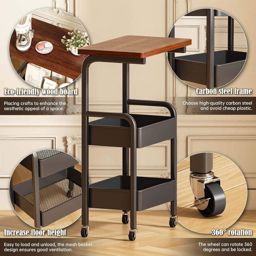 Compact 3-Tier Storage Cart with Walnut Surface - Perfect for Kitchen & Craft