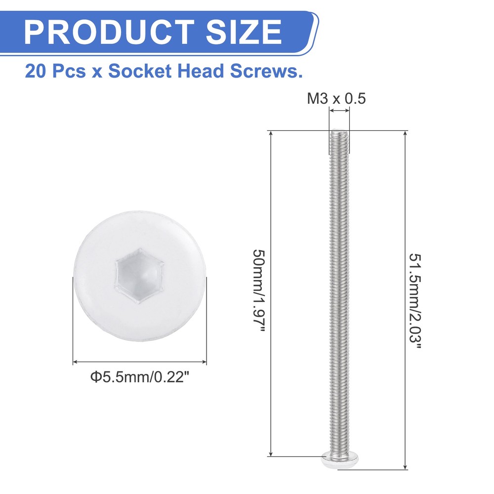 20 Pcs M3-0.5 x 50mm Button Head Hex Socket Head Screws, White