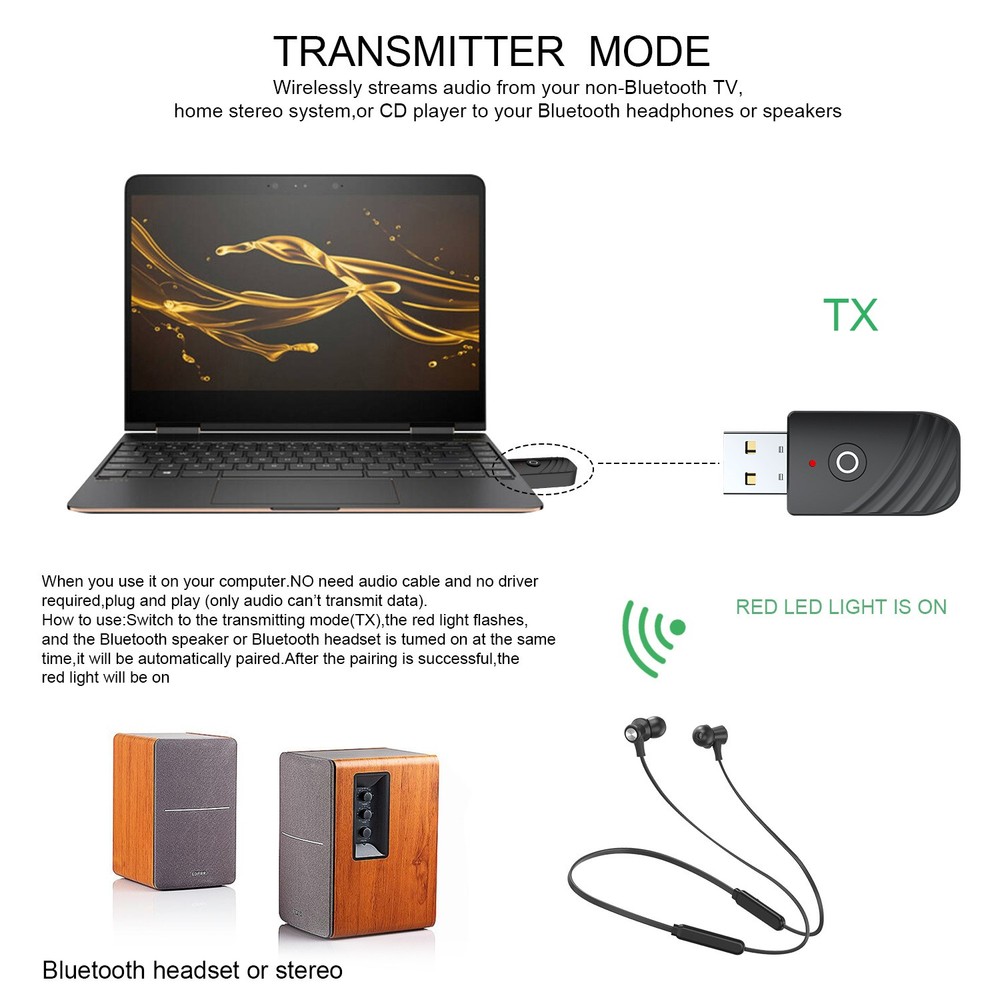 Wireless USB Bluetooth 5.0 Audio Transmitter Receiver AUX Adapter For PC TV Car