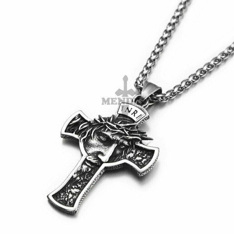 MENDEL Mens Stainless Steel Jesus Christ Face Crucifix Cross Pendant Necklace