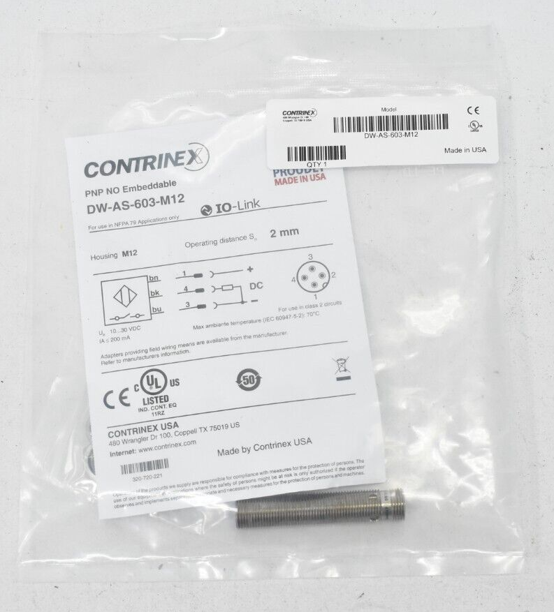 Contrinex DW-AS-603-M12 Inductive Sensor Tool w Hardware NO 8mm Range OEM