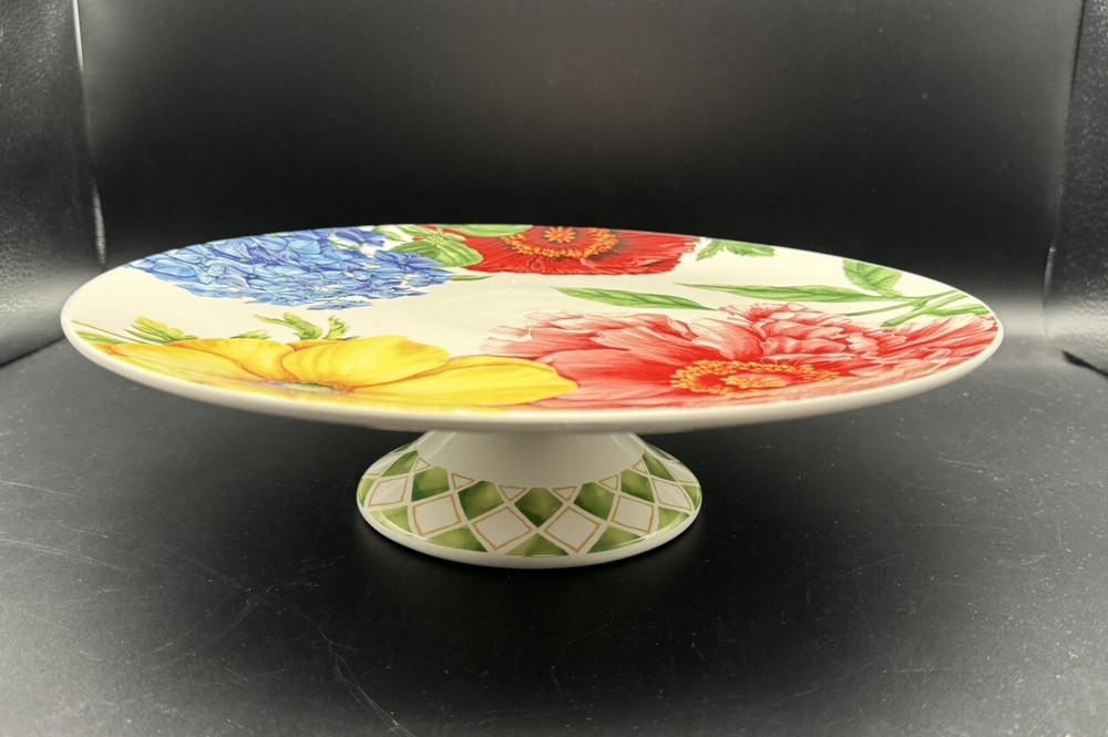 PIER 1 AMELIA Cake Plate Floral Ceramic Footed Stand 12”