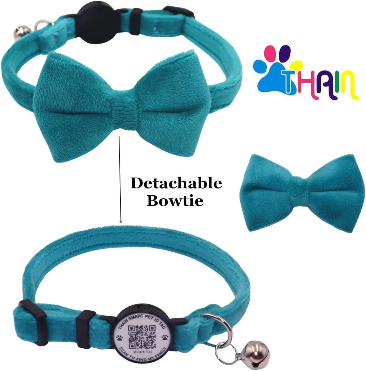 Cat Collar with Bell and Bowtie Breakaway QR Code Name Smart ID tag