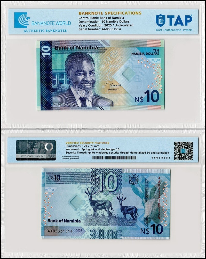 Namibia 10 Namibia Dollars, 2025, P-20, UNC, TAP Authenticated