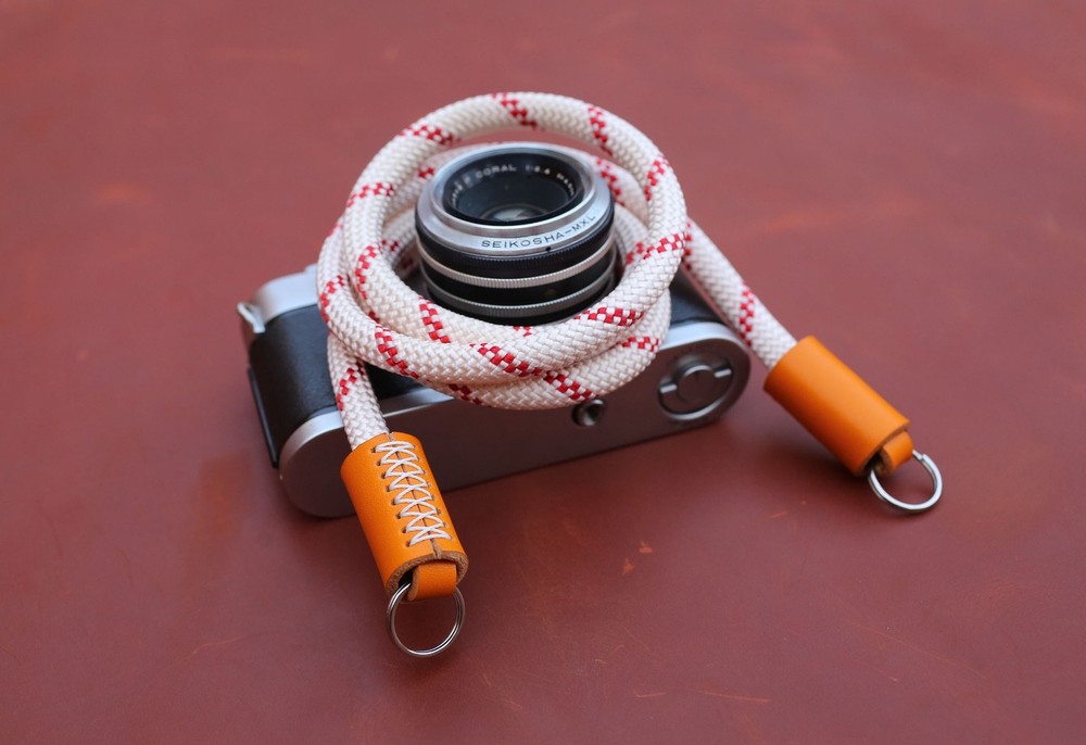 Windmup Handmade Climbing Rope Camera Strap - White & Red with Orange Leather