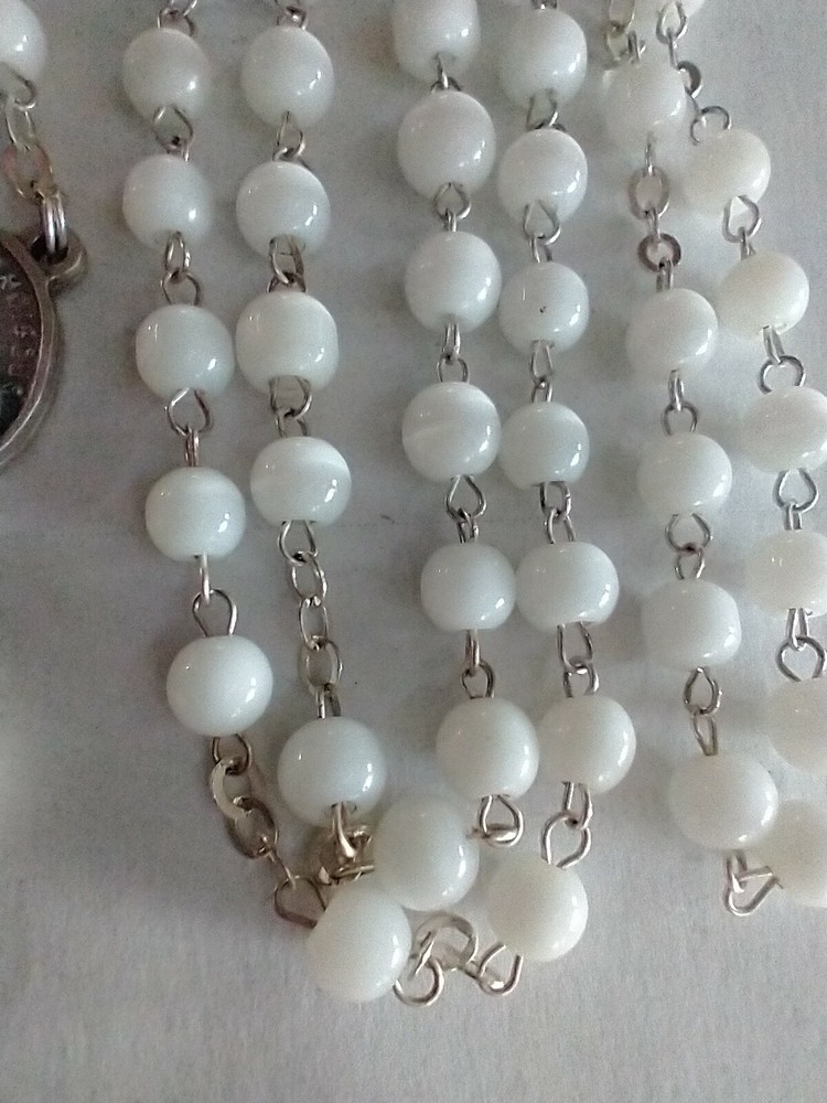 Vintage Catholic White Glass Rosary 17"