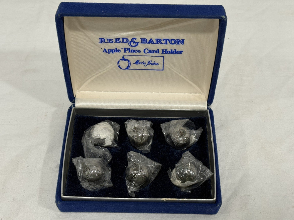 Vintage Reed & Barton 6pc Apple Place Card Holder Silver Plate Boxed Set NOS