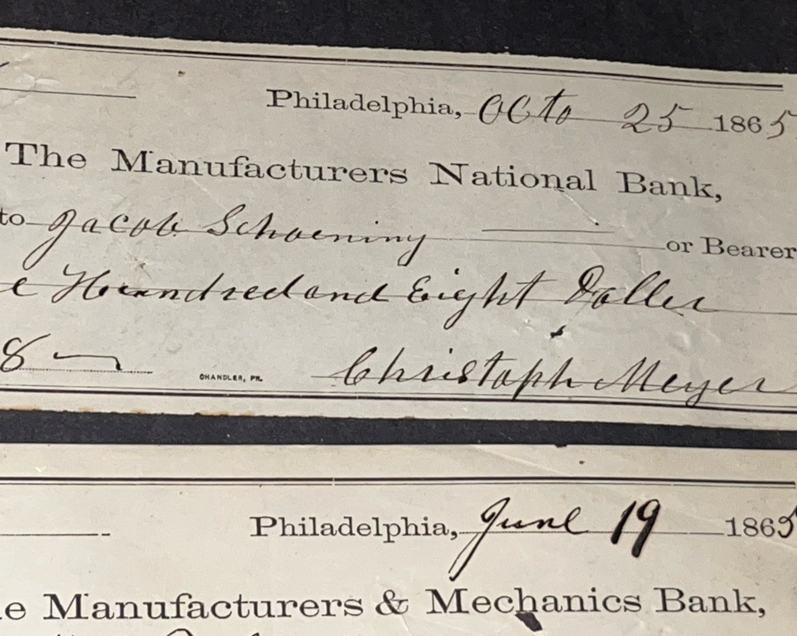 SET OF FIVE HISTORIC PHILADELPHIA REVENUE STAMPED CHECKS 1865-1873 US 2c STAMPS