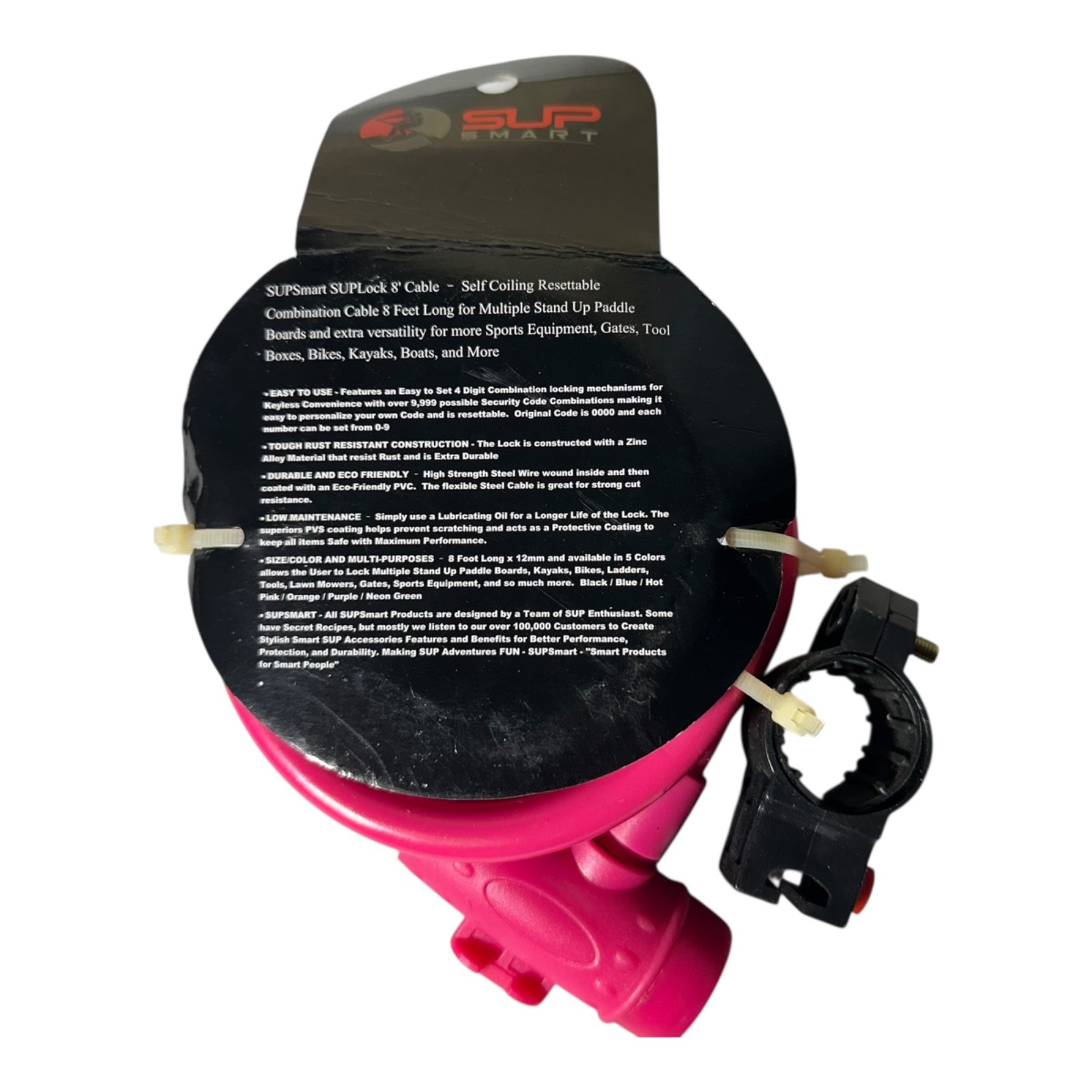 SUPSmart 8ft Cable Lock Pink Kayak Paddleboard Bike Lock w/Keys & Mount Bracket